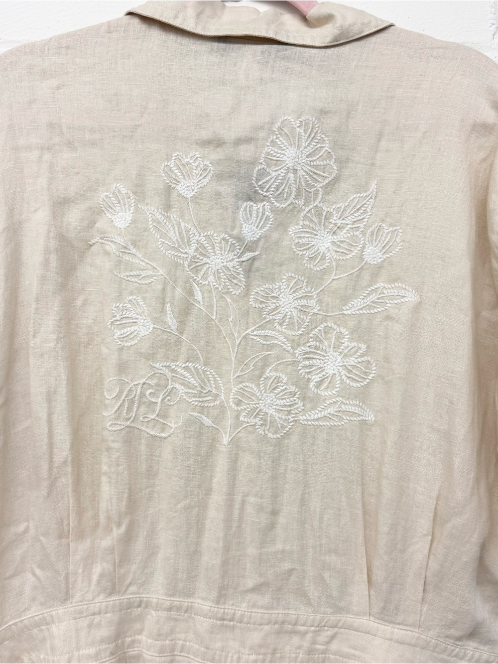 NWT Lauren Ralph Lauren Tan Embroidered Linen Short-Sleeve Jumpsuit Size 16 - Picture 8 of 10